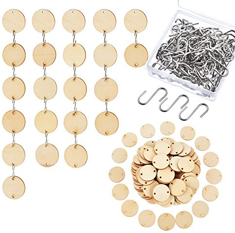 Hicarer 100 Stück Weihnachten Holzanhänger mit 2 Löchern Runde Holzscheiben und 100 Stück S Haken Anschlüsse für Geburtstagstafeln, Chore Boards und Bastelarbeiten