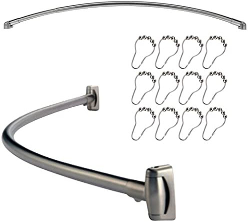 Stainless Steel Extensible Curved Oval Shower Curved Oval Shower Curtain Rod Rail & Set of 12 Free Rings Hooks by Crystals®