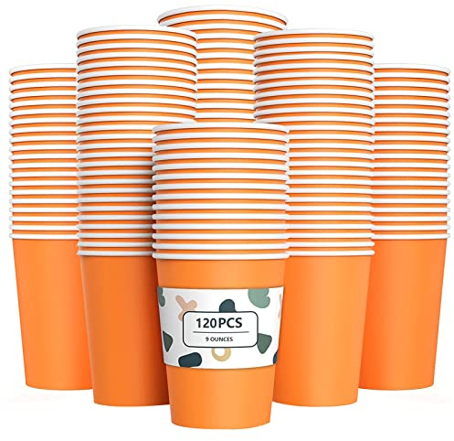 YANGTE 120Pcs Orange Paper Cups 9oz Disposable Party Cups Biodegradable and Compostable Drinking Cups for Birthday Party, DIY, BBQ - 250ml