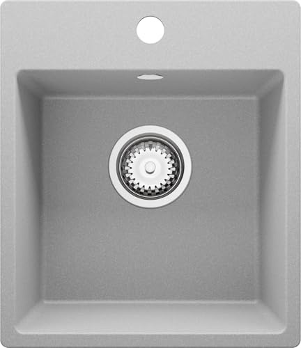 PRIMAGRAN Lavello da Cucina Grigio - Riga Easy, 38x44cm | Lavandino in Granito a 1 Vasca + Sifone Classico, Lavabo da Cucina Incasso al Mobile 40cm (S005)
