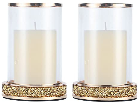 Pillar Candle Holders Set of 2,Hurricane Candle Holders,Candlesticks Holder With Glass Hurricane Lid,Metal Candle Holder For Coffee Dining Table, Wedding, Christmas, Home Decoration,Gold Candle Holder