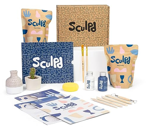 Sculpd Pottery Starter Kit – Komplettes lufttrockenes Ton-Einsteigerset für 2 Erwachsene: Enthält Bildhauerwerkzeuge, Mattlack, Pinsel, Anleitung, Video-Tutorials und mehr