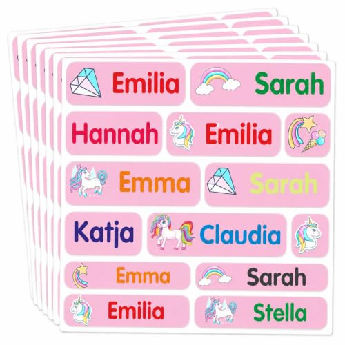 INDIGOS UG - Namensaufkleber Kinder Schule - Einhorn - rosa - 120 Sticker - 35x10mm - Etiketten selbstklebend für Gegenstände - wasserfeste Klebeetiketten - Kindergarten - Stifte, Federmappen