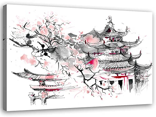 Feeby Impression sur Toile Intissee Japon Cerisier en fleurs Pagode 60x40 cm Tableau Moderne Tableau Photo Chambre à Coucher Oriental Est Asie gris