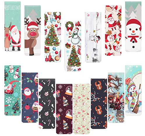 MWOOT 30 Stück Weihnachten Magnetische Lesezeichen, Christmas Magnetic Bookmarks, Süß Schneemann Magnet Seiten Clips Markierungen,Doppelseitiges Bunt Buchmarkierungen für Lesen Zubehör(15 Stile,6x2CM)