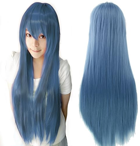 IMISSU 80 cm langes glattes Naturhaar Cosplay Perücken mit Pony Bunt Halloween Kostüm Party Perücke Haarverlängerungen (Navy blau)