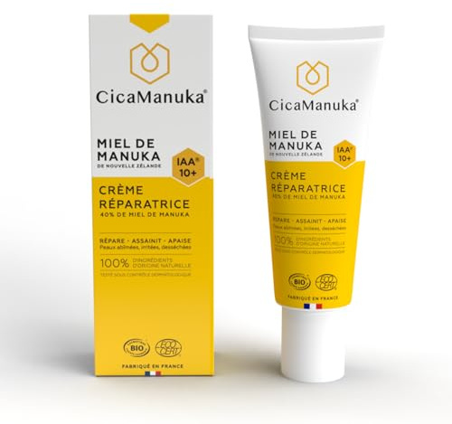 CICAMANUKA - Crème Corps & Visage Réparatrice - Assainit & Apaise - 40% Miel De Manuka IAA10+ - 100% D'Ingrédients D'Origine Naturelle - Peaux Abîmées, Irritées & Desséchées - Made In France - 40 ml