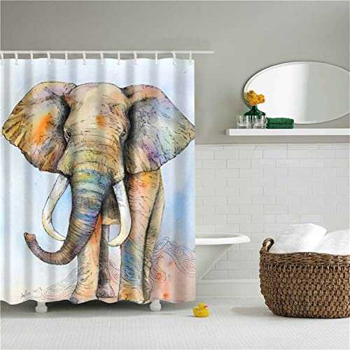 Jqynn Duschvorhang für Eckdusche und Kleine Badewanne, Bad Vorhang Textil aus Polyester Stoff Schimmelresistent Wasserabweisend und Waschbar, Elefant， 230x180cm mit Duschvorhangringen Shower Curtains