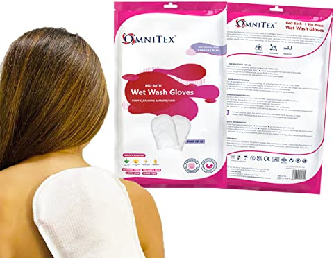20pk Omnitex Premium Bed Bath Wet Wash Gloves - Microwaveable | with Dimethicone Barrier Cream, Aloe Vera & Vitamins | Rinse Free Incontinence Bed Bath Wipes in Glove Shape | Alcohol Free | 2X 10pk