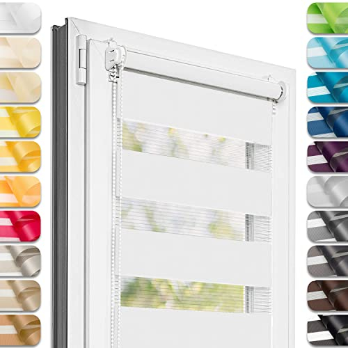 Estika Doppelrollo Klemmfix ohne Bohren - 140 cm x 150 cm - Weiß - 27 Stofffarben, Tag und Nacht Duo Rollo, Rollos für Fenster ohne Bohren, Fenster Sichtschutz (140 cm Stoffbreite)
