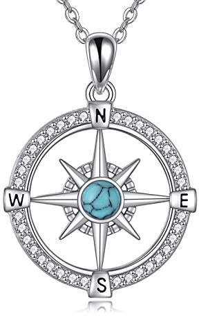 VONALA Kompass Halskette 925 Sterling Silber Kompass Anhänger Türkis Halskette Graduierun Gsschmuck Geschenk für Damen Frauen Herren
