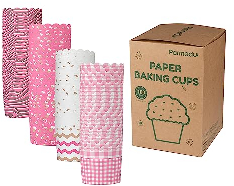 Parmedu 100 Pezzi Carta da Forno Pirottini per Cupcake e Muffin - 6 cm, Non Serve Teglia, Spessa e Robusta, Resistente alle Alte Temperature e all'Olio, Antiaderente - Motivi Rosa Serie 4