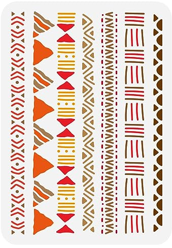 FINGERINSPIRE Stencil con motivo di elementi in tessuto fango, 21 x 29,7 cm, motivo tribale, motivo floreale africano, bohémien, per pittura su legno, parete, tessuto, carta, mobili