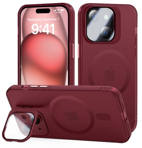 tigratigro Cover con Cavalletto,Compatibile con iPhone 15,Protezione Fotocamera H9 vetro temperato,Custodia Posteriore Glassata Traslucida, Anti-Impronte,Sensazione di Velluto (Rosso Scuro)