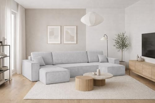 Kaiser Möbel, Ecksofa mit schlaffunktion, mit Bettkasten, Schlafsofa Best, Designer U-Form Sofa, Modern Design Couch, Polsterecke, Freistehend -Dicker Cord, Grau