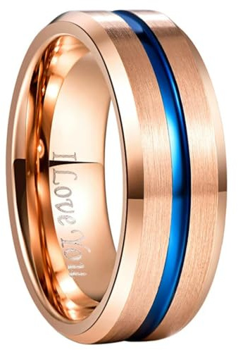 YAHOYA 8 mm breiter Wolframkarbid Ring voller Roségold + Blauer Rillenwinkel Ehering Herrenring