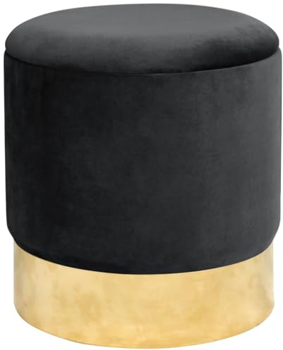 AKORD | Puf en Velutto Dorado | Reposapiés | Contenedor para Pequeños Objetos | Suelo de Metal | Acolchado | Puf Decorativo | para la Sala de Estar y el Dormitorio | Negro