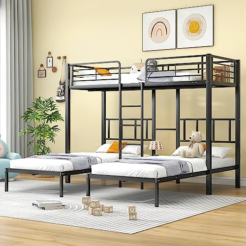 Moimhear Letto triplo, letto a castello triplo con scala per bambini e adolescenti, letto in ferro con porta di sicurezza e tavolo (90x200cmx3, nero)