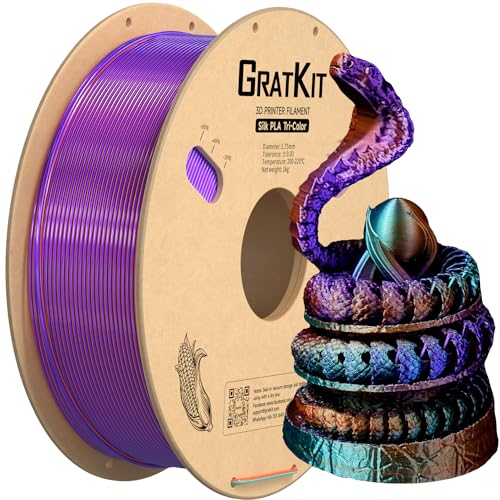 GratKit Tricolor silk PLA Filament 1,75mm 1kg Spule, Dreifarbiges 3D-Drucker Filament mit +/-0,03mm Präzision, Einfach zu drucken, Violett Orange Und Grün