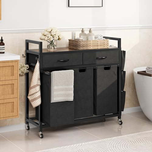YITAHOME Laundry Hamper, Freestanding Laundry Sorter with 2 Drawers, Portable Laundry Basket, 3 Removable Bags, 71cm x 92.5cm x 33cm, for Laundry Room, Bathroom, Bedroom