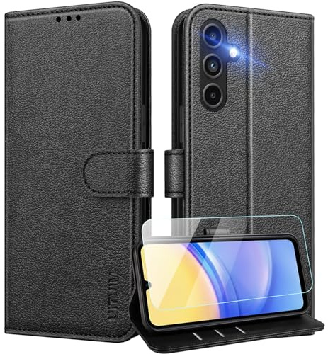 UITUIM Coque pour Samsung Galaxy A15 4G/5G Coque Etui Portefeuille Cuir avec Verre Trempé Protection Écran Porte Carte Rabat Clapet Flip Case Étui Cover Housse Etui pour Samsung Galaxy A15 4G/5G,Noir