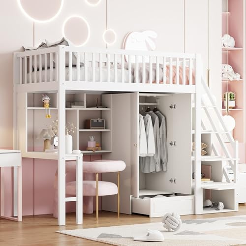 YESGIGA Hochbett 90 x 200 mit großem Kleiderschrank Regal und Tisch, Stauraum Treppe Mehrzweckbetteinheit Holzbettgestell (weiß)