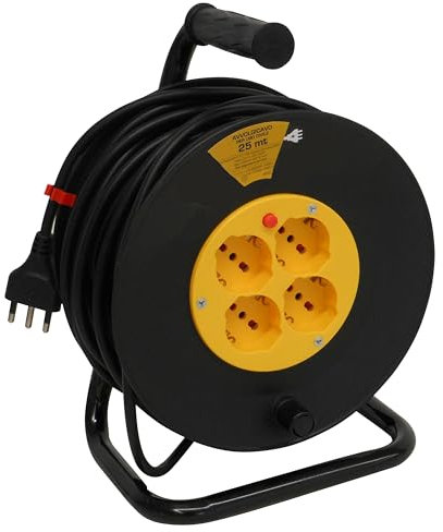 eacommerce - Avvolgicavo Elettrico 25 metri | Spina 2P+T 16A, Nero | 4 Prese Bipasso 10/16A Schuko | Maniglia Ergonomica con Disgiuntore Termico, 25 Metri