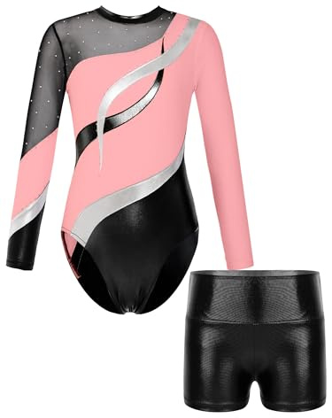 FEESHOW Mädchen Gymnastikanzug Langarm Mit Hose Ballett Turntrikot Gymnastik Body Shorts Set Kinder Tanzoutfit Athletic Wettkampf Trainingsanzüge Rosa 134-140