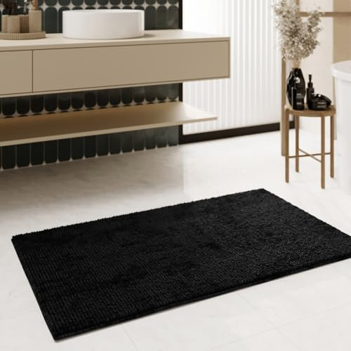 Wecon Home Balu getufteter Badteppich, 60 x 50 cm, schwarz | moderner Chenille Badteppich, Rutschfest, Waschbar, Saugfähig, Stilvoll für jedes Badezimmer