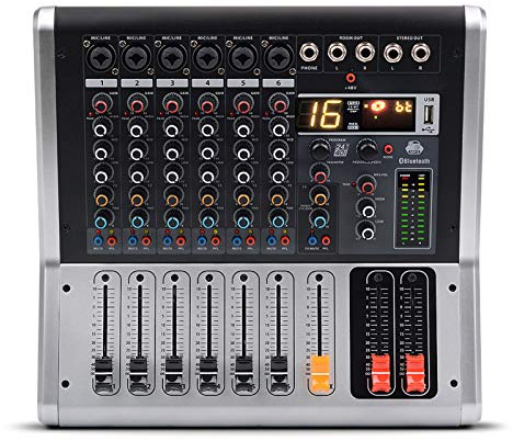 Mesas de Mezclas de Estudio, mezcladores en Vivo Consola de Mezclas de 6 Canales con Silencio y Interruptor PFL Grabación Bluetooth 3 Bandas 16 Efectos DSP Mezclador de Audio USB Profesional Mezclad