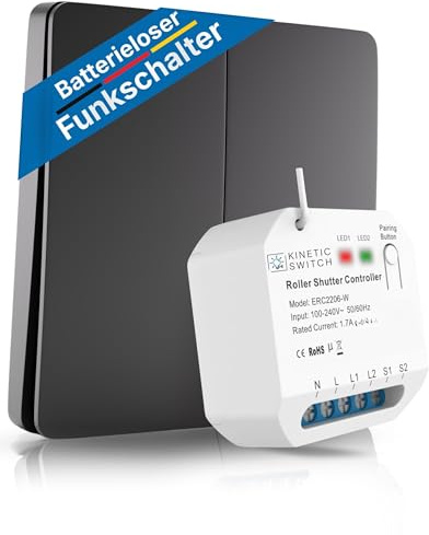 Hochwertiger Funkschalter 230V Rollladen Motor | 2-Fach Funk Lichtschalter Set IP67 | Jalousie Empfänger batterielos | 80m Reichweite | WLAN Schalter Alexa