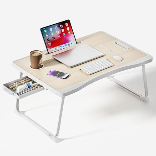 Warmiehomy Laptop Bed Table, Portable Laptop Desk with Handle, Foldable Laptop table with Desktop Card/Cup Slot, Side Drawer for Sofa, Eating Reading Working, Elm Yellow
