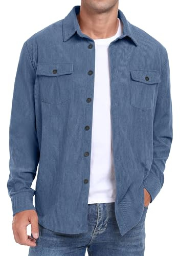 QIXING Casual skjortjacka för män, långärmad fritidsskjorta för män, jacka, normal passform, button down-skjorta med klaffficka, Ljusblå, XL