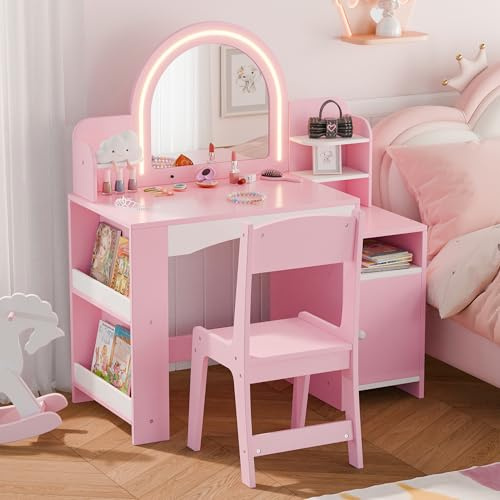 MU - cambiador para niños con luces, computadora de maquillaje de princesa con estantería abierta, clóset de almacenamiento y estantes, juego de mesa y silla para niños pequeños 2 en 1 con espejo