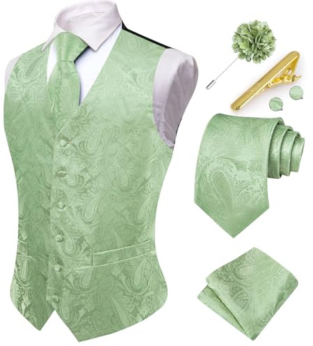 Hi-Tie Ensemble gilet et cravate pour homme avec gilet à col en V et boutons de manchette carrés pour mariage et affaires, vert clair, Medium