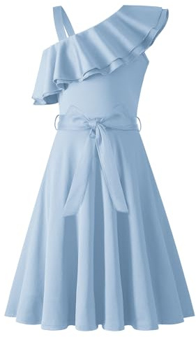 Arshiner Niñas Vestido Un Hombro Niños Verano Elegantes Festivo Escote con Volantes Vestido Sin Mangas Vestidos de Fiesta para Niñas 5-14 Años