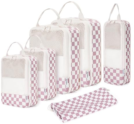 Narwey 6 Sets Compresión Organizador Maletas Bolsos, Compression Packing Cubes, Bolsas Viaje para Mochila, Equipaje de Mano y Maleta, Bolsas Organizadoras Ropa para Viaje (Tablero de ajedrez rosa)