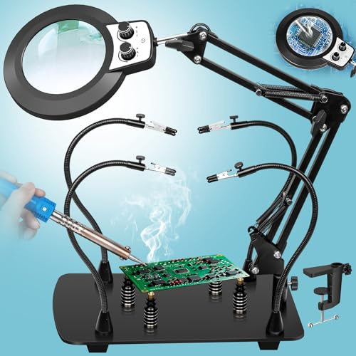 KUVRS Helping Hands Soldering Station, 10X Magnifying Glasses with Light and Stand, 4 Magnetic PCB Pillars, Infinite Color Stepless Dimming Magnifier Lamp for Electronic Repair Model Craft