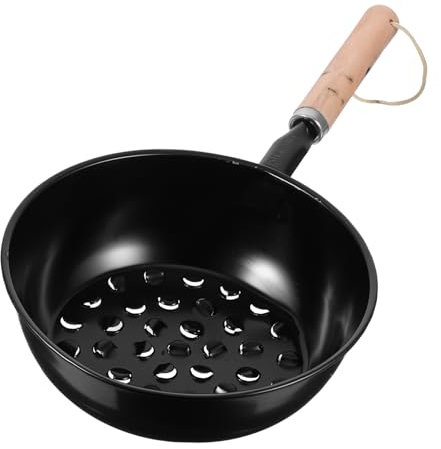 POPETPOP Charcoal Starter Basket and Camping Burner Pot with Wooden Handle for Outdoor Barbecue Grill, Black Chimney Lighter Holder for Charcoal Fire Starting and Chestnut Roasting