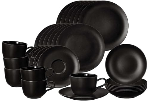 Seltmann Weiden Liberty Velvet Black Kombiservice 30-teilig, Tafel- und Kaffeegeschirr für 6 Personen, Geschirr-Set mit mattem Finish, Porzellan, Schwarz