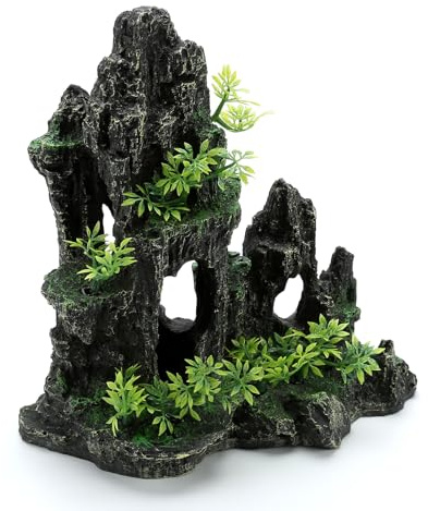 Aquarium Decorations Large Mountain View Stone Ornaments, Fish Tank Decorations Extra Large and Tall Aquarium Decor for Fish Tank Hideout Tree House Rock Cave for Small Fish Betta Hideaway Cave