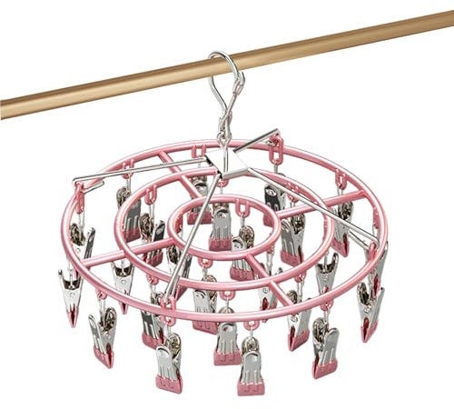 Fyfjur Stainless Steel Plastic Durable Sock Dryer with Pegs, Rustproof and Windproof Sock Hanger for Washing Line with 24 Strong Metal Clips, Space-Saving Rotatable Underwear Dryer Hanger, Pink