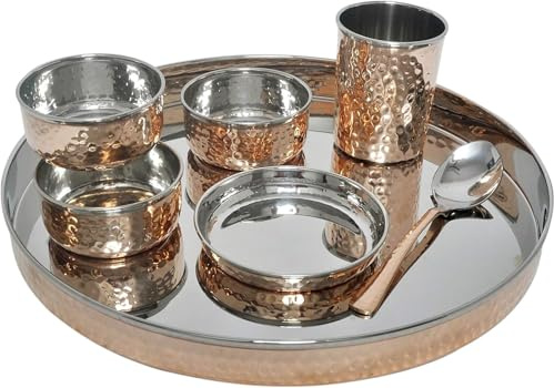 BishtHub Copper Steel Copper Dinner Thali, Bowls, Halwa Plate, Spoon, Fork, Glass Traditional Style 7 Piece Dinner Set Kitchen Item