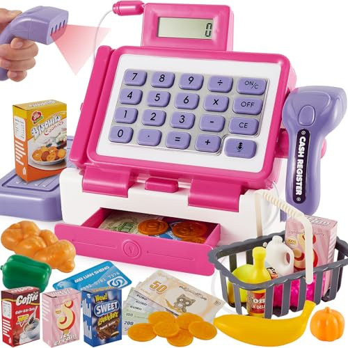 Máquina Registradora Juguete con Microfono, Sonido, Escáner con Luz y Sonido, Caja Registradora Juguetes de Supermercado para Tienda Niños 3 4 5 Años