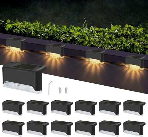 12 Unidades Luces Solares Escaleras Exterior, Impermeable Luz Solar Led Jardin para Escaleras con Sensor de Movimiento, Blanca Cálida, Para Exteriores, Escalones, Valla, Terraza, Patio, Camino