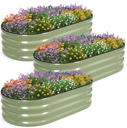 INNO STAGE Galvanized Raised Garden Bed, 4Ft Metal Planter Boxes Outdoor for Growing Vegetables,Herbs,Flowers Steel Plant Raised Garden Bed Kit-Olive Green 3Pack