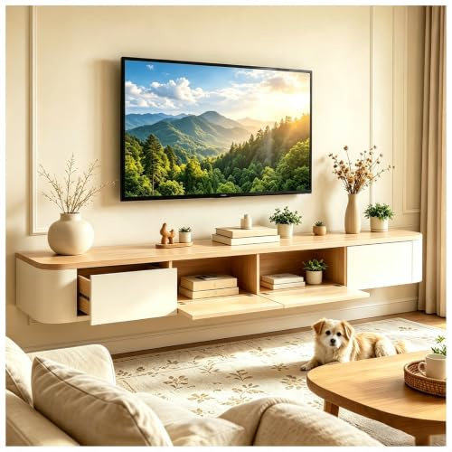 JUNFUNNLE TV Lowboard Hängend 240cm Weiß+Holzton, Schwebender TV Schrank für Wohnzimmer, Modernes TV Board Hänge mit 2 Schubladen 2 Klappen Türen, Wandmontage TV Möbel (Bereits montiert)