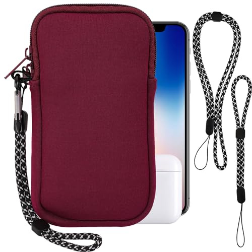 Estuche de Neopreno Universal para Smartphone, Carcasa para móvil Funda Protectora a Prueba de Golpes con Mosquetón Correa de Cordón Travel Case with Pockets Phone Bag para Samsung,iPhone,Vino Rojo,L