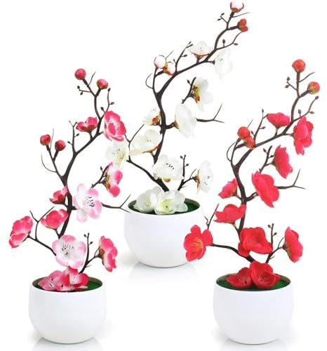 SCDXJ Fiori Artificiali Deco, 3 PCS con vasi pianta Fiore di Prugna Artificiale, Fiori Artificiali Interni all'aperto, per Home Office Giardino Tavolo Decorazione
