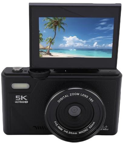 Elprico Cámara WiFi Compacta con 75MP, Video Ultra HD 5K, AI AI Autofocus, Detección de Sonrisa y Zoom Digital de 18x, para Viajes, Vlog y Photography Anti Shake (Black)